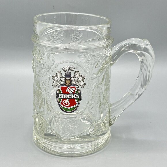 Beck's Beer Logo Handled Textured Glass Heavy 10oz Beer Mug Germany - Picture 1 of 5